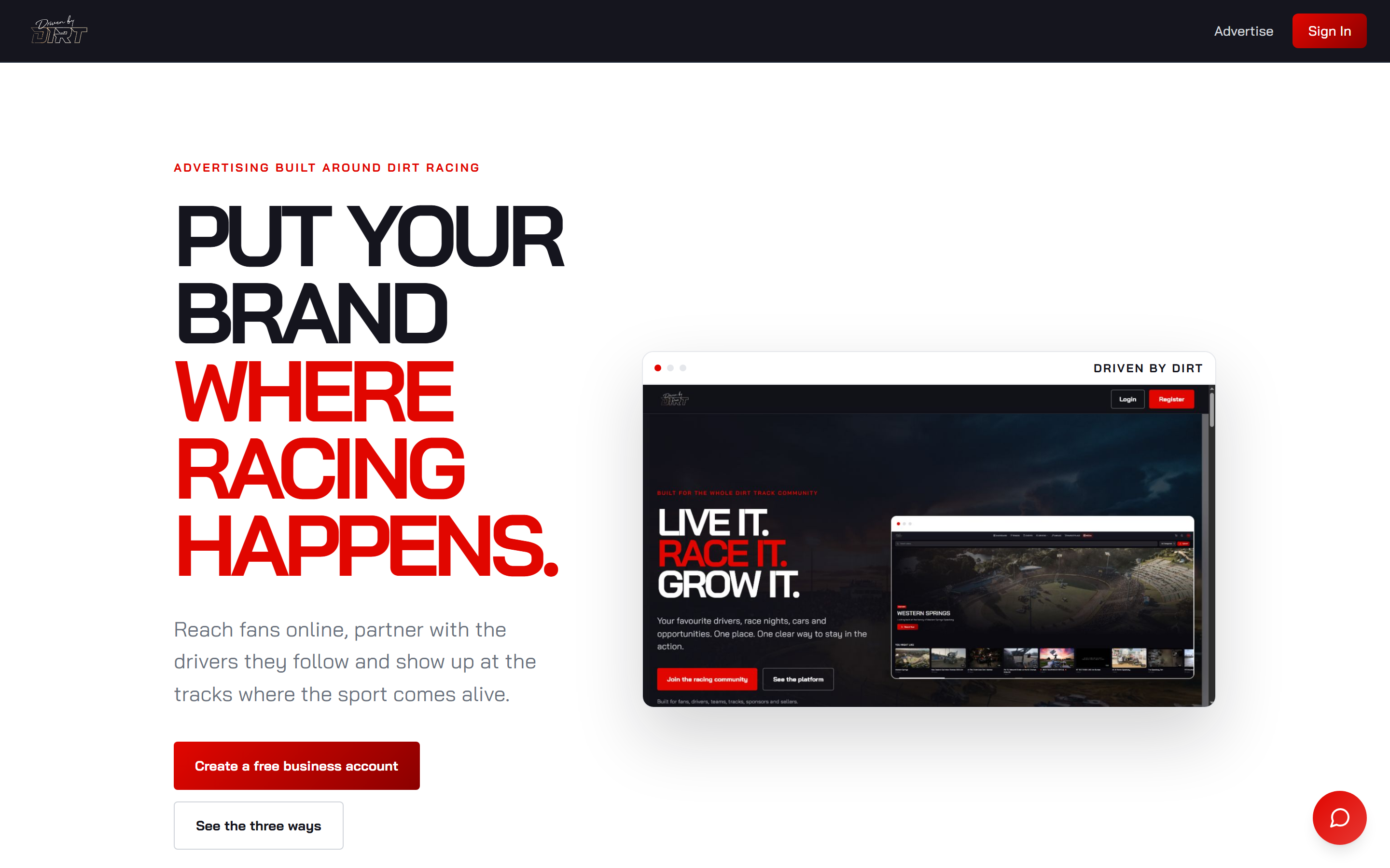 The advertising landing page: reach fans online, partner with the drivers they follow, and show up at the tracks