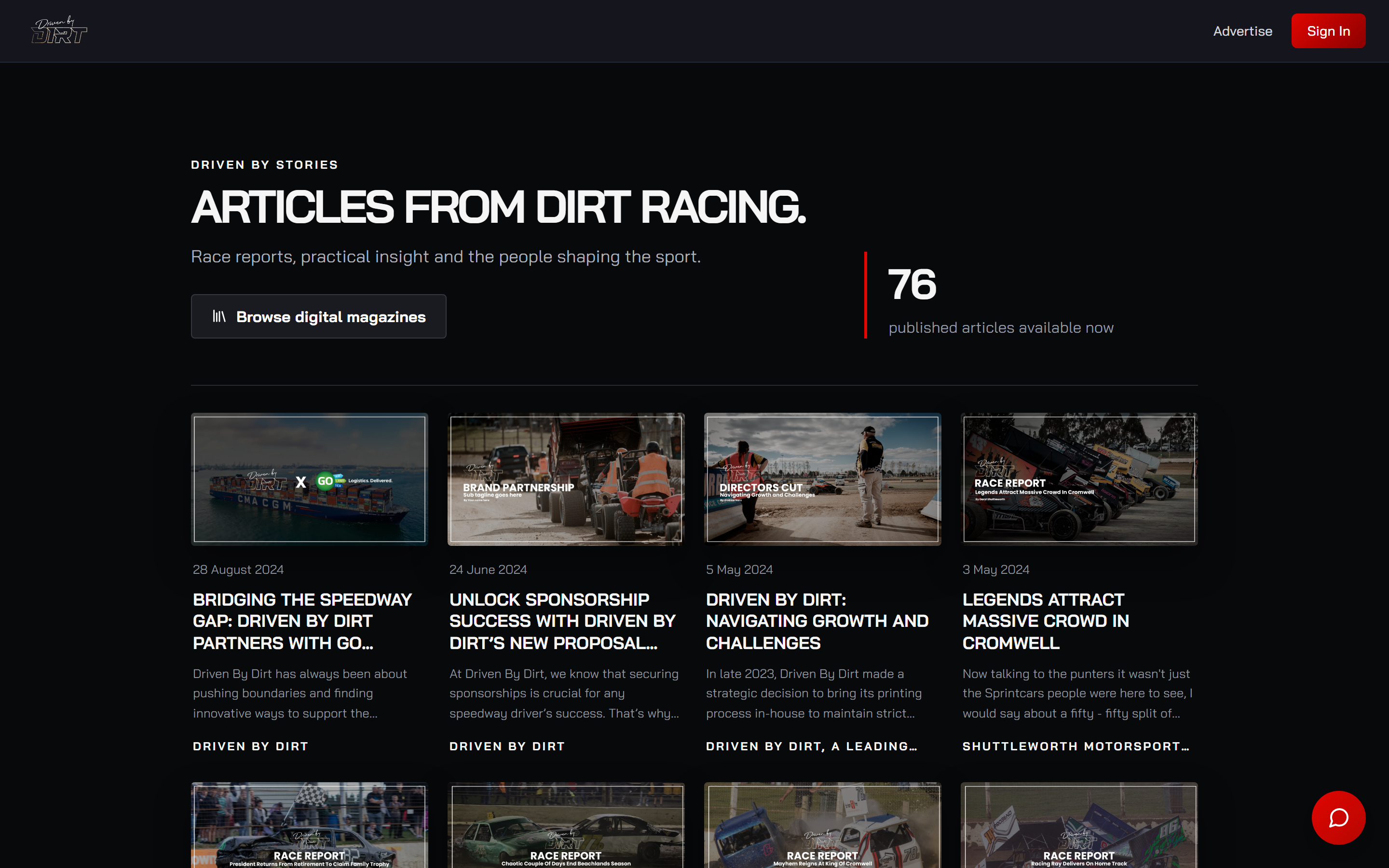 The articles section on Driven By Dirt, holding 76 published stories