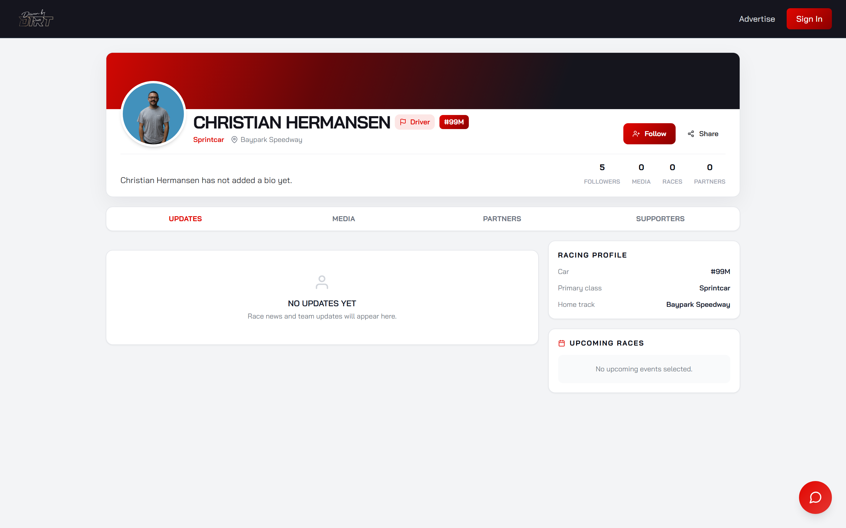 A driver profile on Driven By Dirt showing updates, media, partners and supporters