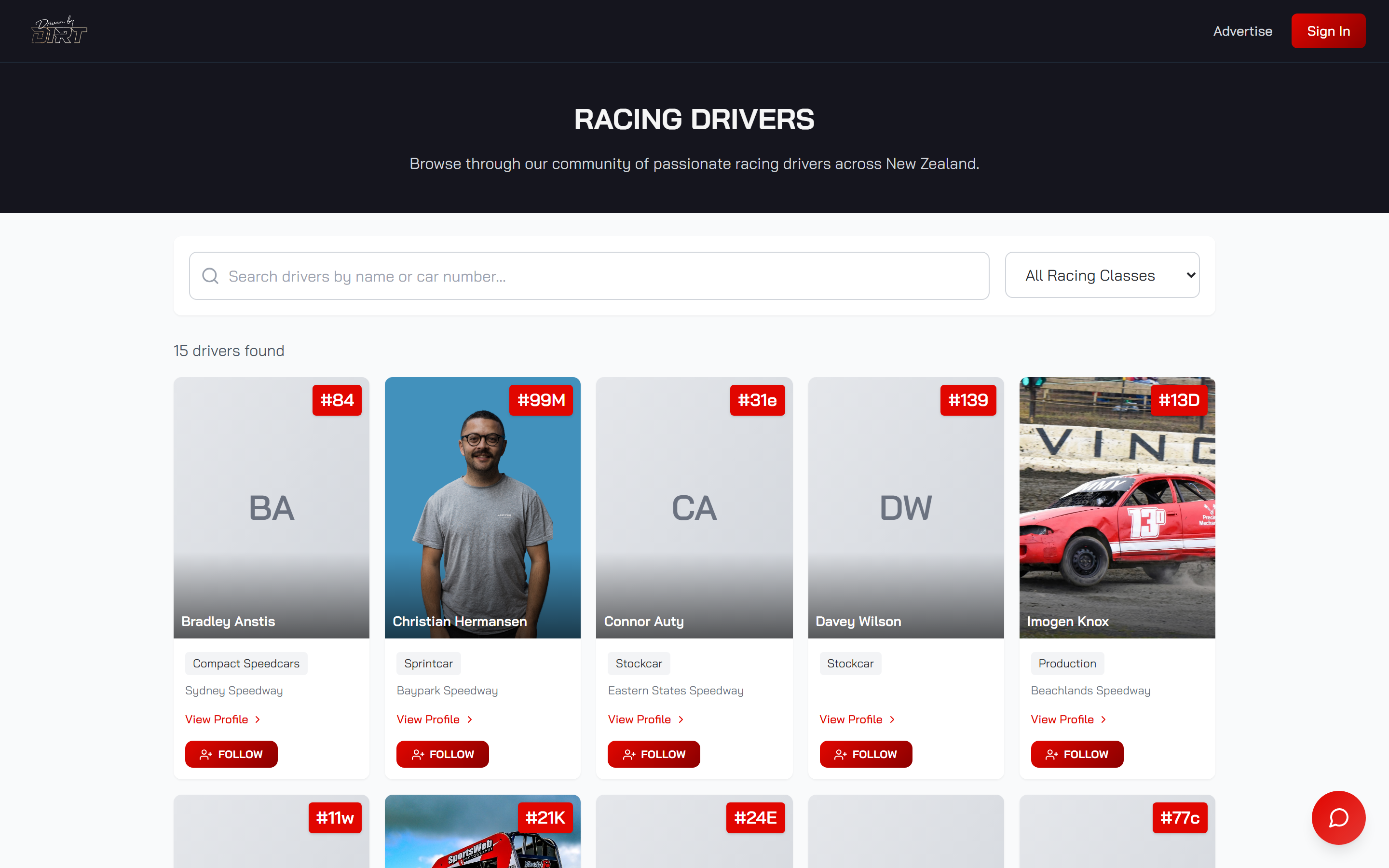 The racing drivers directory on Driven By Dirt, searchable by name, car number and class