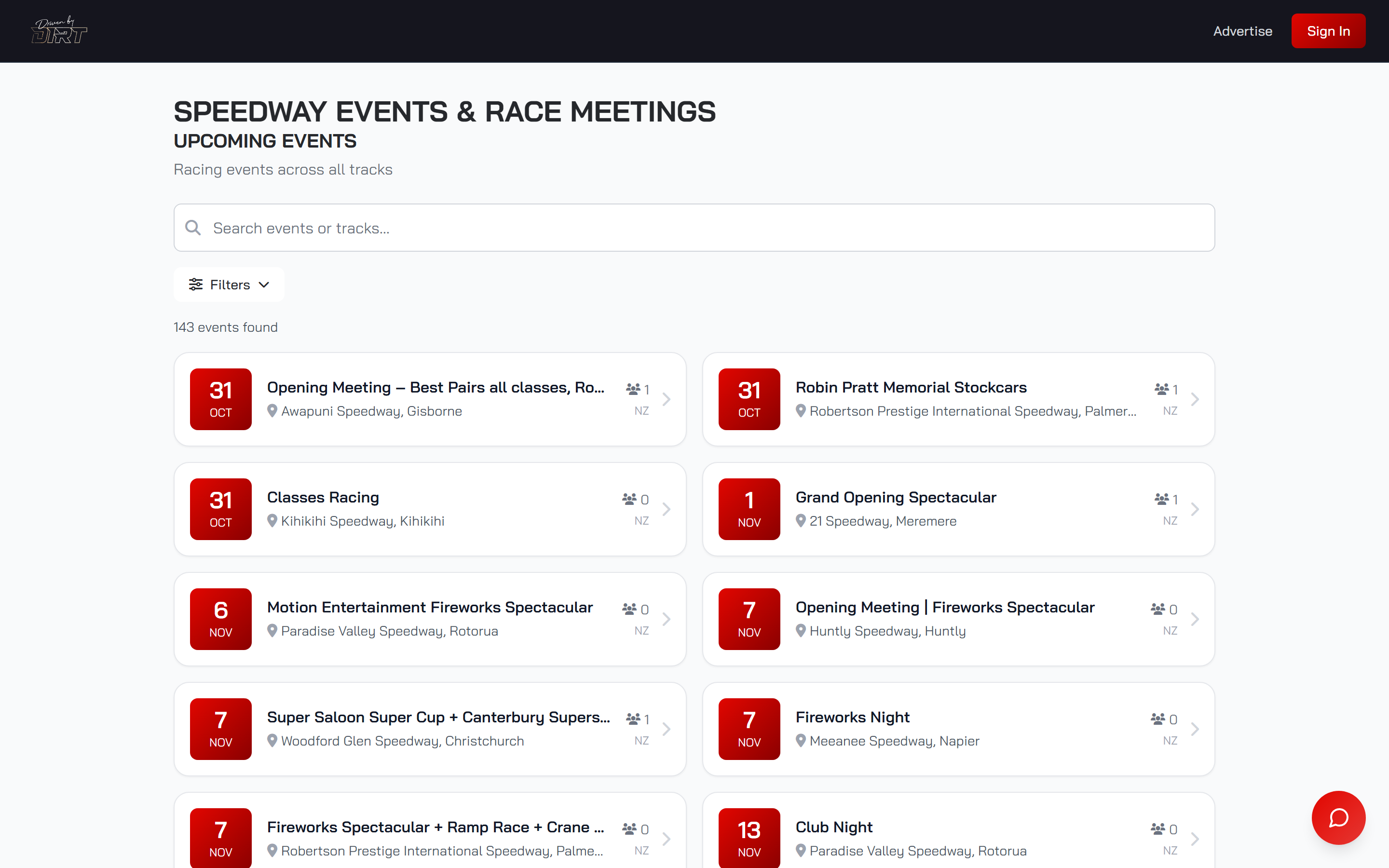 The Driven By Dirt events calendar, listing 143 race meetings for the coming season