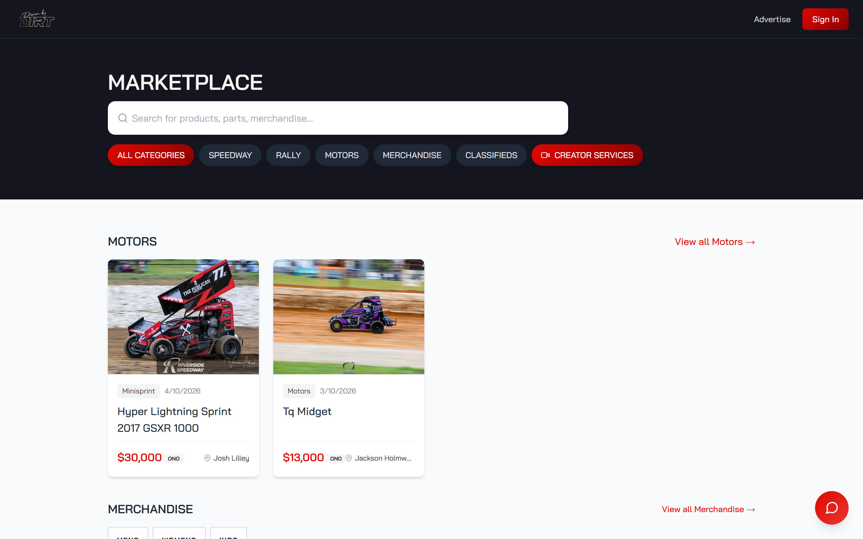 The Driven By Dirt marketplace, with classifieds listing race cars alongside merchandise categories