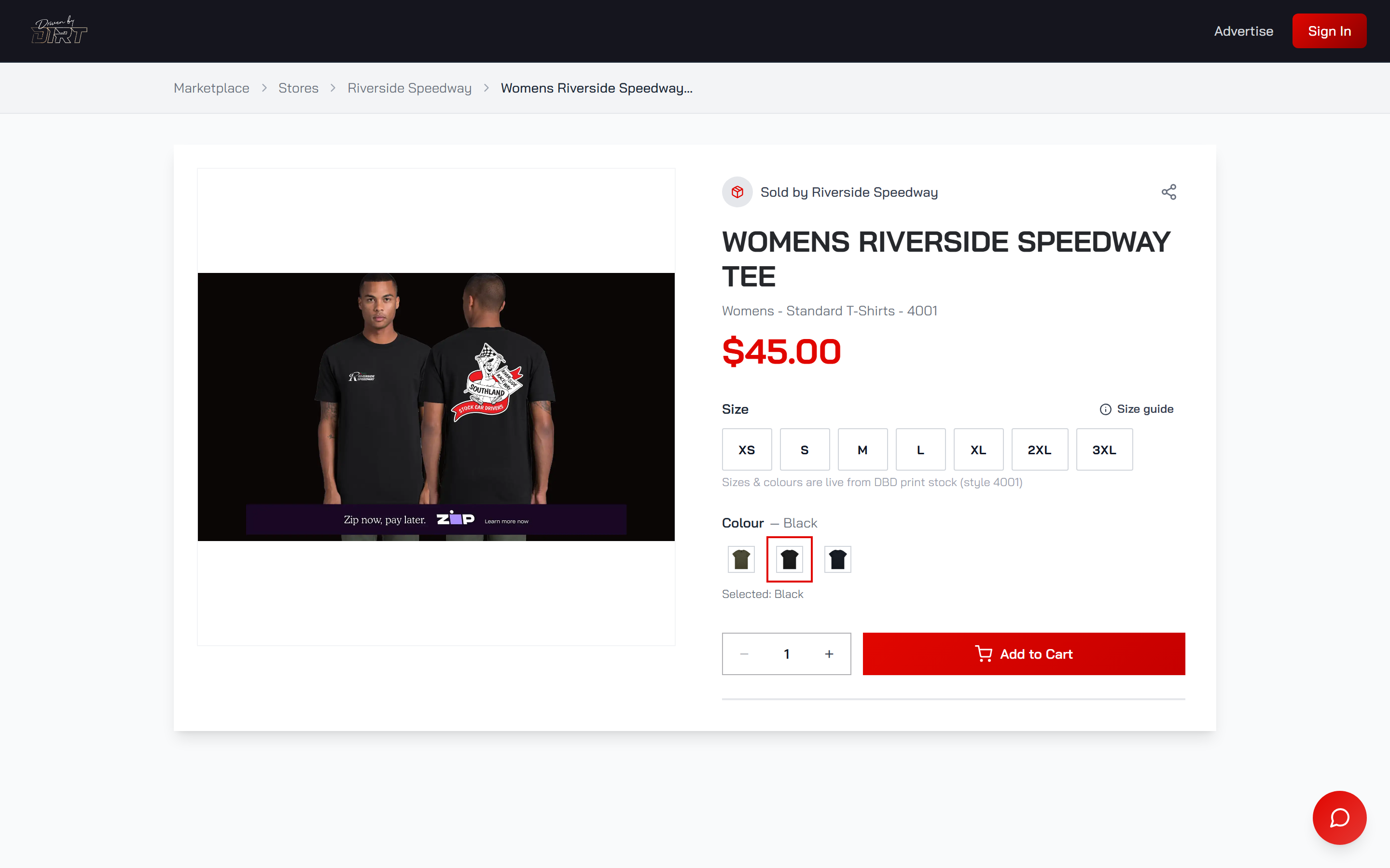 A printed Riverside Speedway tee listed at $45 on the Driven By Dirt marketplace