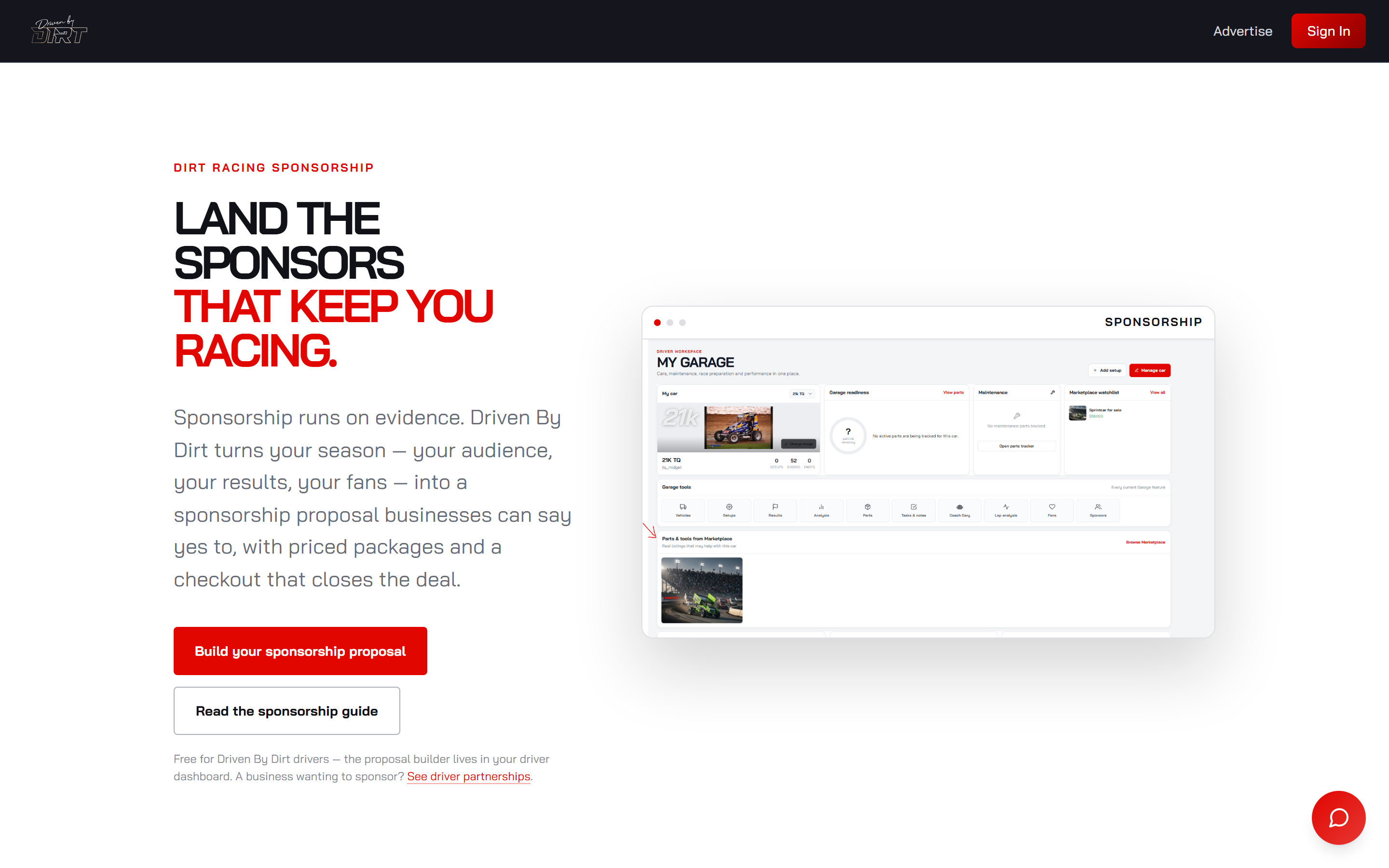 The sponsorship page shows the Garage driver workspace: cars, maintenance, race preparation and performance in one place