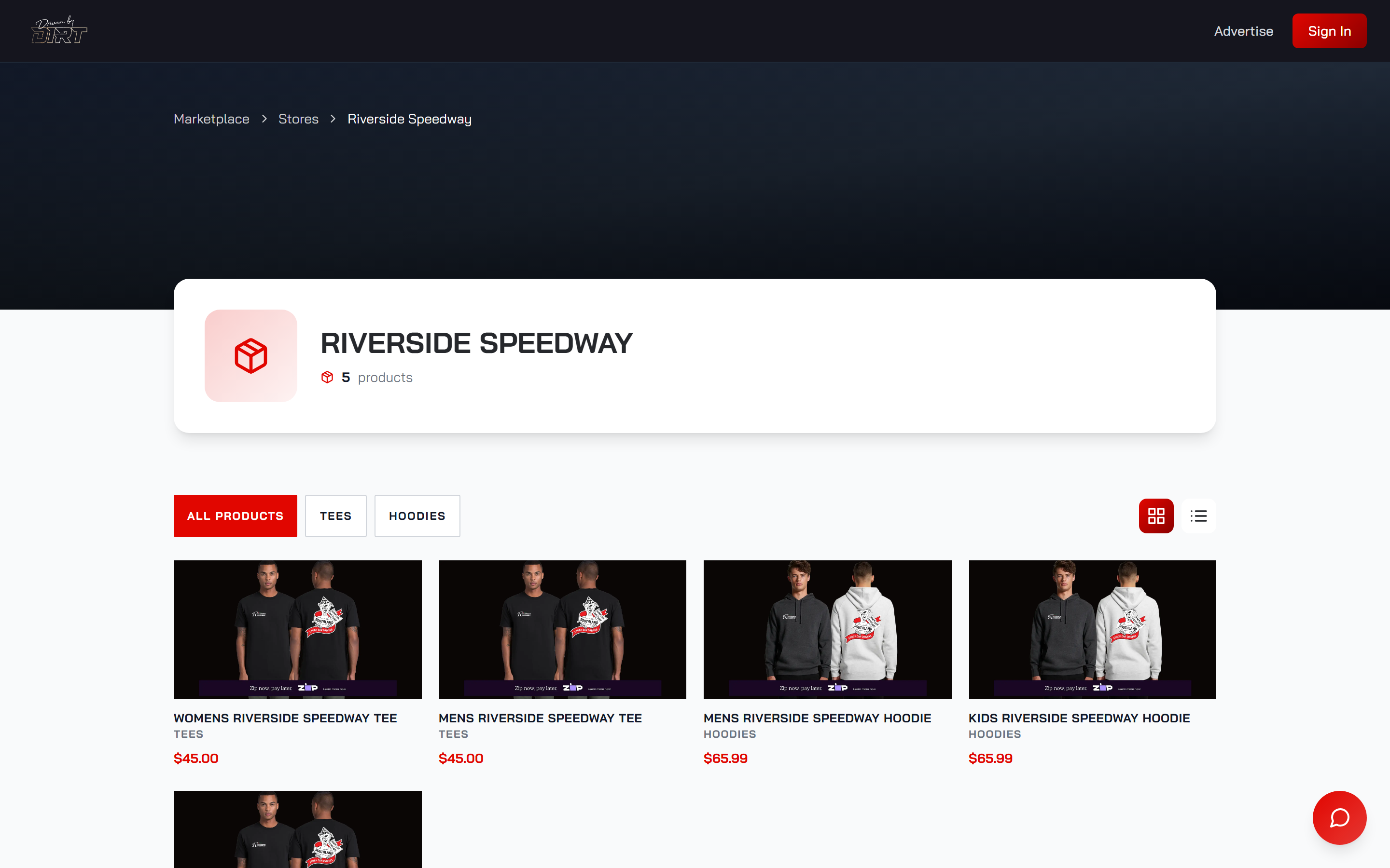 The Riverside Speedway storefront on the Driven By Dirt marketplace, selling club tees and hoodies printed on demand